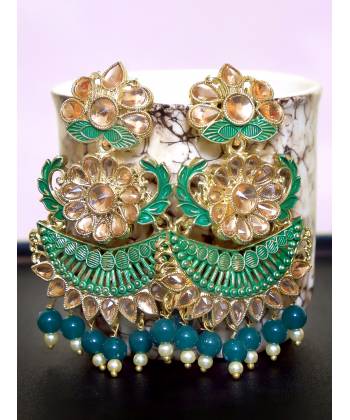 Traditional Gold Plated Green-Blue Color Drop & Dangle Earrings 