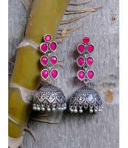 Oxidized German Silver Pink Kundan Jhumka Jhumki Earrings