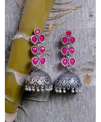 Oxidized German Silver Pink Kundan Jhumka Jhumki Earrings