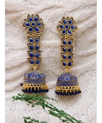 Embellished Blue Flower Jhumka Jhumki Earrings 