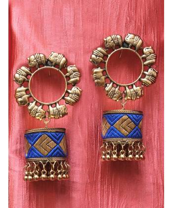 Embellished Eelephant Circle Blue Jhumka Earrings 