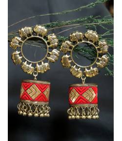 Embellished Eelephant Circle Red Jhumka Earrings 