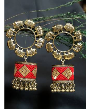 Embellished Eelephant Circle Red Jhumka Earrings 