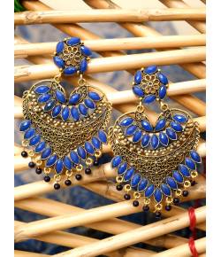 Gold Plated Heart Blue  Kundan Dangler Earrings 
