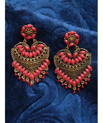 Gold Plaetd Heart Red Kundan Dangler Earrings 