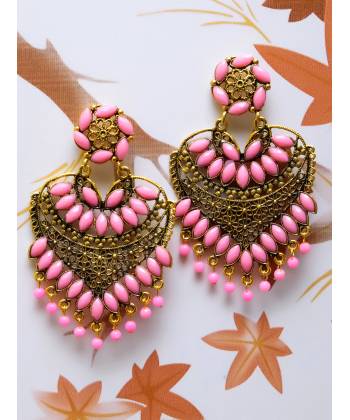 Gold Plated Heart Pink Kundan Dangler Earrings 