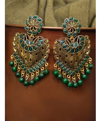 Gold Plated Heart Green Kundan Dangler Earrings 