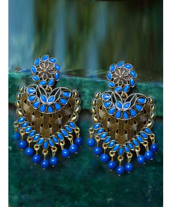 Gold Plated Heart Blue Kundan Dangler Earrings 