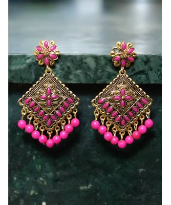 Embellished Gold Plated Square Pink Kundan Dangler Earrings 