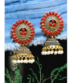 Traditional Gold Plated Red Kundan Jhumka Jhumki Earring