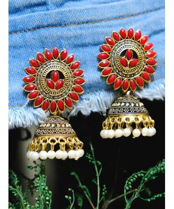 Traditional Gold Plated Red Kundan Jhumka Jhumki Earring