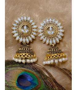 Traditional Gold Plated White Kundan Jhumka Jhumki Earring