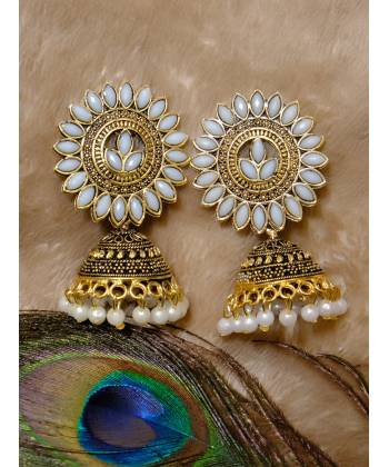 Traditional Gold Plated White Kundan Jhumka Jhumki Earring