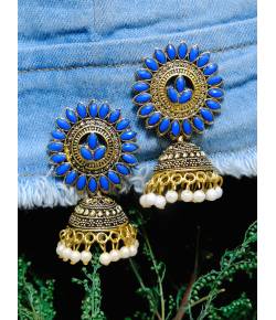 Traditional Gold Plated Blue Kundan Jhumka Jhumki Earring