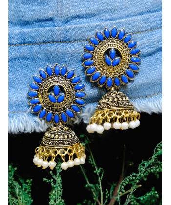 Traditional Gold Plated Blue Kundan Jhumka Jhumki Earring