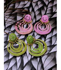 Gold Plated Pink & Green Chandbali Drop Earring Combo