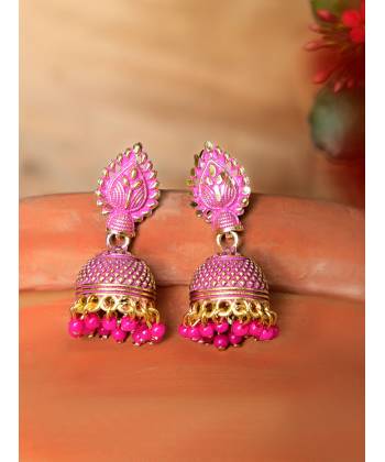 Indian Traditional Gold Pink Jhumka Earrings RAE0582