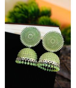 Oxidized Silver Green Jhumka Earrings RAE0591