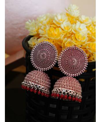 Oxidized German Silver Red Pearls Jhumka Earrings  RAE0595