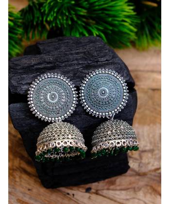 Oxidized German Silver Green Pearls Jhumka Earrings RAE0597