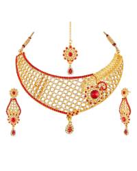 Bridal Gold Plated Red Stones Necklace Set For Women 