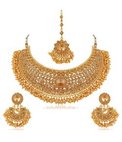 Crunchy Fashion Gold Plated Traditional Necklace Jewellery Set with Earrings