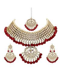 Kundan Faux Red Pearl Necklace Set With Earring & Tika