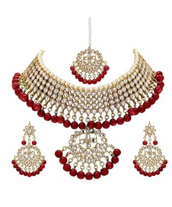 Kundan Faux Red Pearl Necklace Set With Earring & Tika