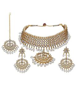 Kundan Faux White Pearl Necklace Set With Earring & Tika