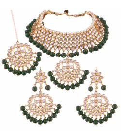 Kundan Faux Green Pearl Necklace Set With Earring & Tika