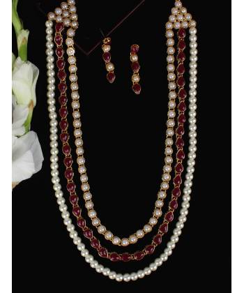 Red & White Pearl Log Necklace Set with Earrings 