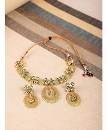 Gold Plated Green Necklace Set With Earrings 