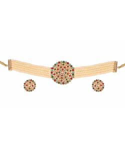 Multicolor Pearl Choker Necklace Earrings Set