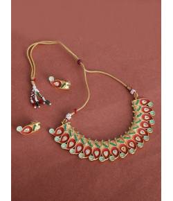 Gold Plated Red Kundan Choker Necklace & Stud Earrings Set