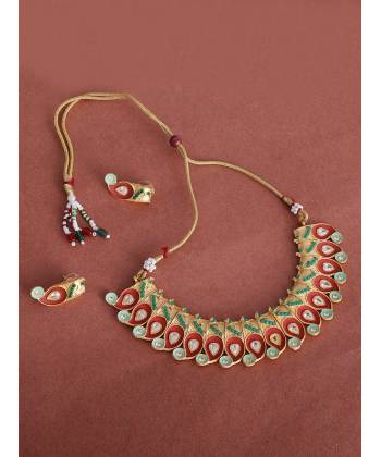 Gold Plated Red Kundan Choker Necklace & Stud Earrings Set