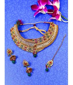 Traditional Golden Choker Necklace with Earrings 