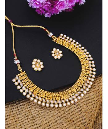 Gold Plated Cream Color Kundan Choker Necklace Set With Earrings RAS0170