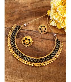 Traditional Gold Plated Black Choker Necklace With Stud Earrings
