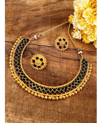 Traditional Gold Plated Black Choker Necklace With Stud Earrings