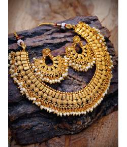 Traditional Gold Plated Choker Necklace With Drop Earrings RAS0176