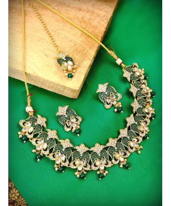 Traditional Gold Plated Green Choker Necklace Set with earrings & Maang Tika RAS0177