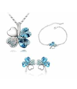 Crystal Blue Clover Pendant Earring Bracelet Set