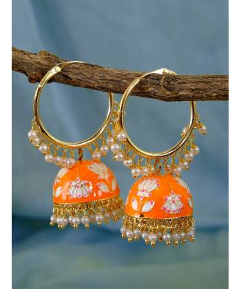 Gold-Plated Traditional Indian Meenakari Orange Hoops Erings with White Pearls RAE0689