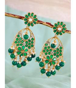 Kundan Floral Gold-Plated Long Earrings With Green & White Pearls RAE0839