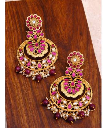 Gold-Plated Purple Kundan Heavy Earrings With Pearls RAE0851