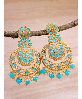 Gold-Plated SeaGreen Kundan Heavy Earrings With Pearls RAE0852
