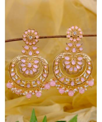 Gold-Plated Pink Kundan Heavy Earrings With Pearls RAE0853
