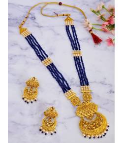 Long Multilayer Royal  Blue & Gold  Pearls Necklace With Round Floral Earrings RAS0208