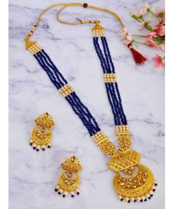 Long Multilayer Royal  Blue & Gold  Pearls Necklace With Round Floral Earrings RAS0208