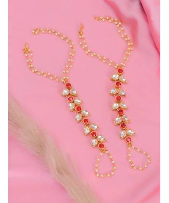 Gold-Red Tone Kundan Anklet With White Pearls CFA0054